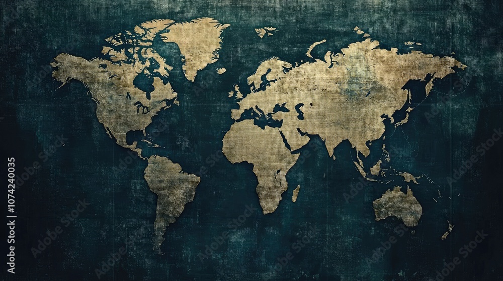Poster a world map printed on textured canvas with subtle grid lines and borders