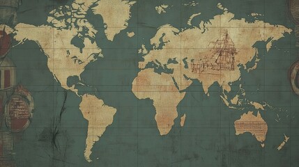 Obraz premium A world map printed on textured canvas with subtle grid lines and borders