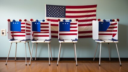 A row of voting booths with an American flag prominently displayed in the background, symbolizing democracy and civic engagement generative ai