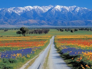 A scenic view of a gravel road through vibrant wildflowers with snow-capped mountains in the background.