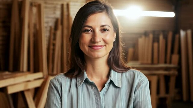 A smiley Caucasian female master standing in a middle of a carpentry workshop. The workshop buzzes with energy as the smiley master crafts with love.