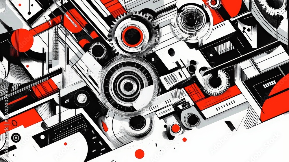 Poster abstract geometric composition featuring red and black shapes with circular elements and lines ideal