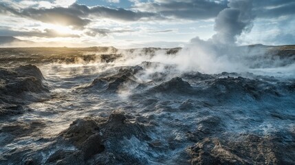 Steam Rising from Volcanic Landscape at Sunset