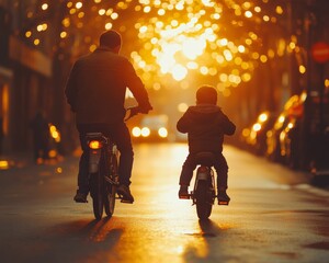 Celebrating Sons Day Father Guides Young Son in Bicycle Learning Adventure, Perfect for Fathers Day & Family Day