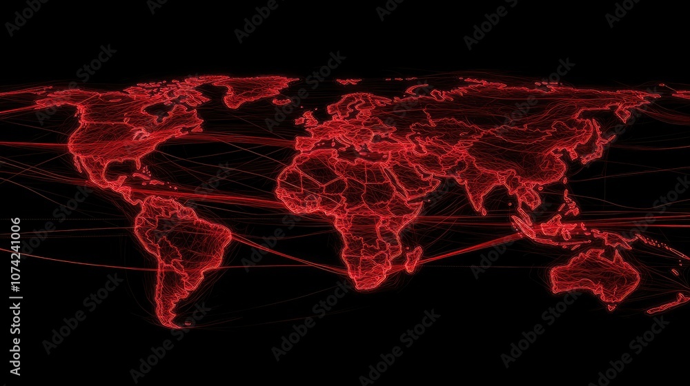 Poster a world map with global flight paths drawn in glowing red lines, modern design