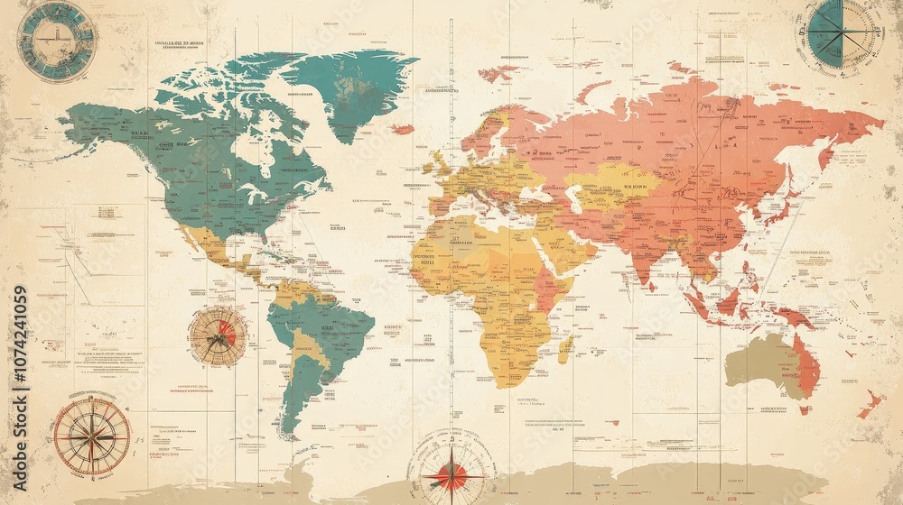 Poster a world map with global time zones, highlighting each regions clock and data