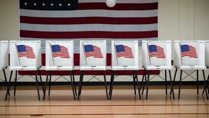 A row of voting booths with an American flag prominently displayed in the background, symbolizing democracy and civic engagement generative ai