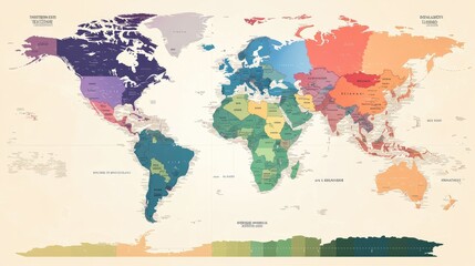A world map with global time zones, highlighting each regions clock and data