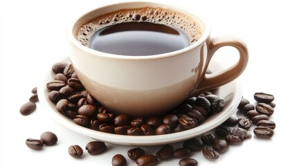 Fototapeta premium Coffee Cup Surrounded by Roasted Beans, Ready to Enjoy