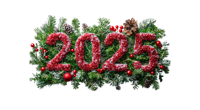 Happy New Year, red shiny numbers 2025 on decorated Christmas tree branches close up, created with Generative AI technology, PNG