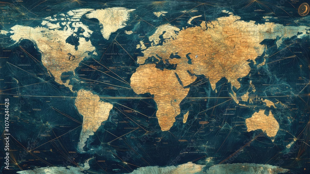 Poster a world map with pinpoints of major global cities and flight routes across it