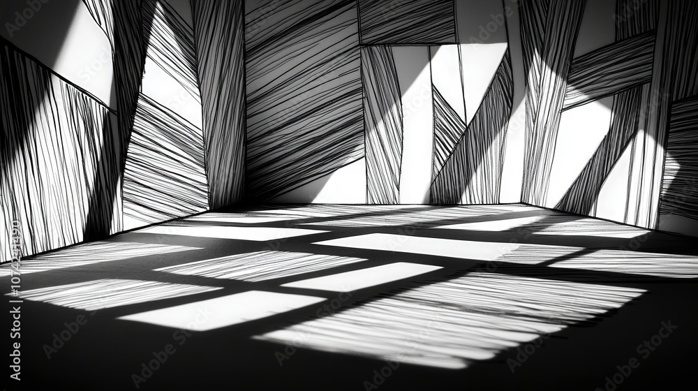 Poster abstract black and white interior space with striped patterns and shadow play creating an artistic a