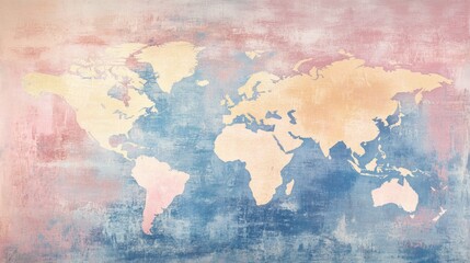 Obraz premium A world map with soft watercolor textures and pastel continents, abstract design