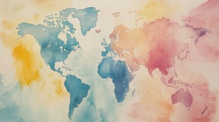 Obraz premium A world map with soft watercolor textures and pastel continents, abstract design