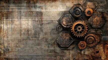 Naklejka premium Industrial-themed graphic featuring gears and hexagonal shapes on a textured background.