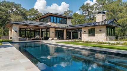 Fototapeta premium Modern home with a pool and landscaped surroundings.