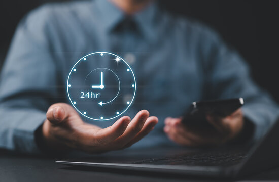 Nonstop service 24 hr online store concept. businessman in 247 online shopping service with clock for worldwide nonstop and full-time available contact of customer service.