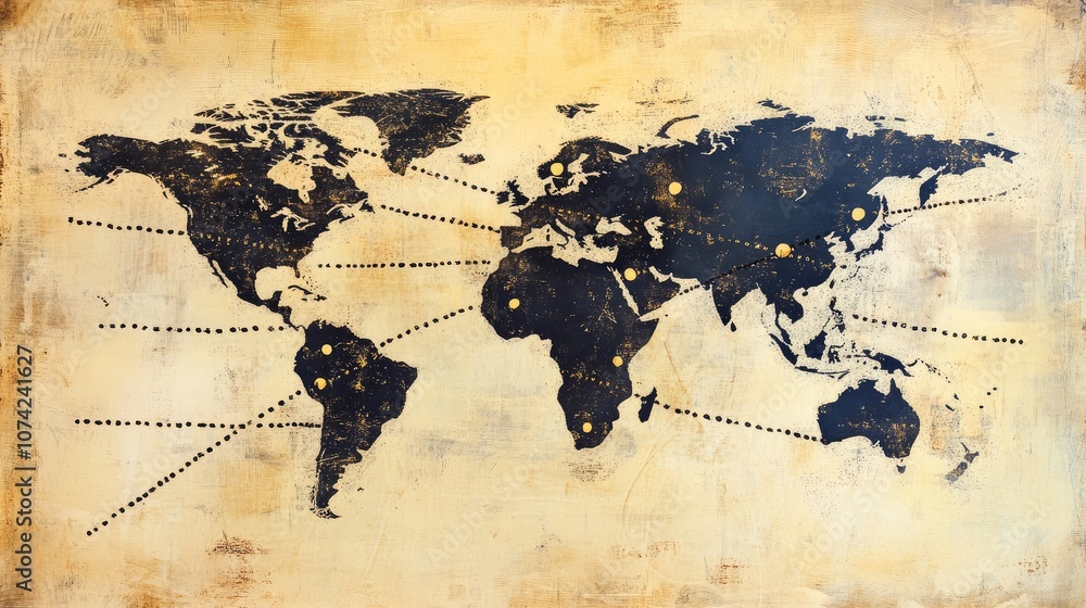 Poster abstract world map with dotted lines representing global connections and paths