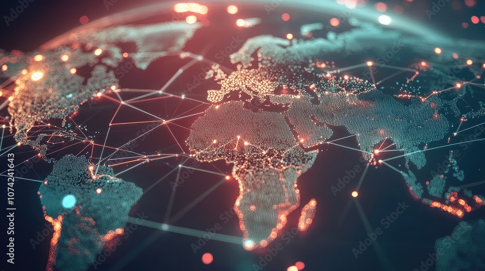 Poster abstract world map with dotted lines representing global connections and paths