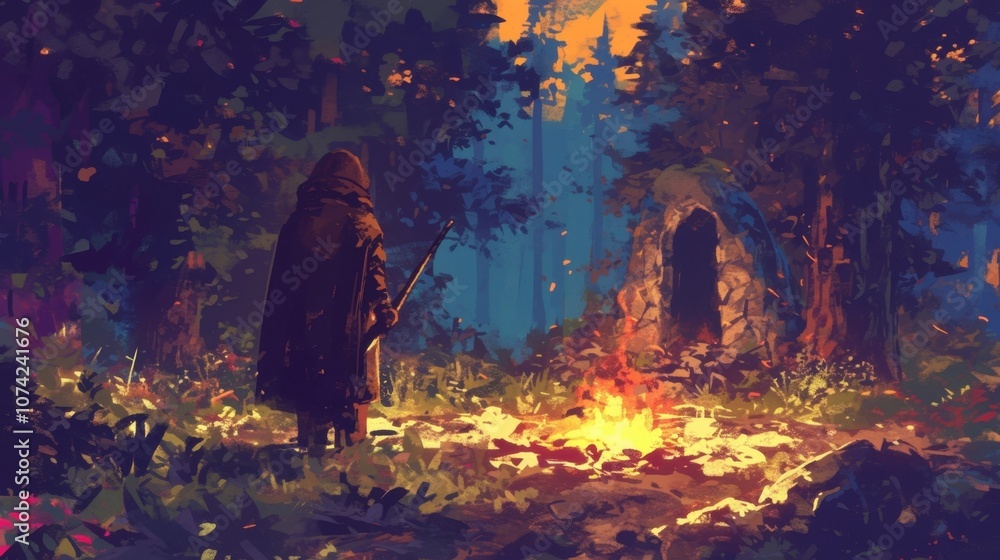 Poster in the quiet forest clearing floating ember particles rose from the dying embers of the campfire add