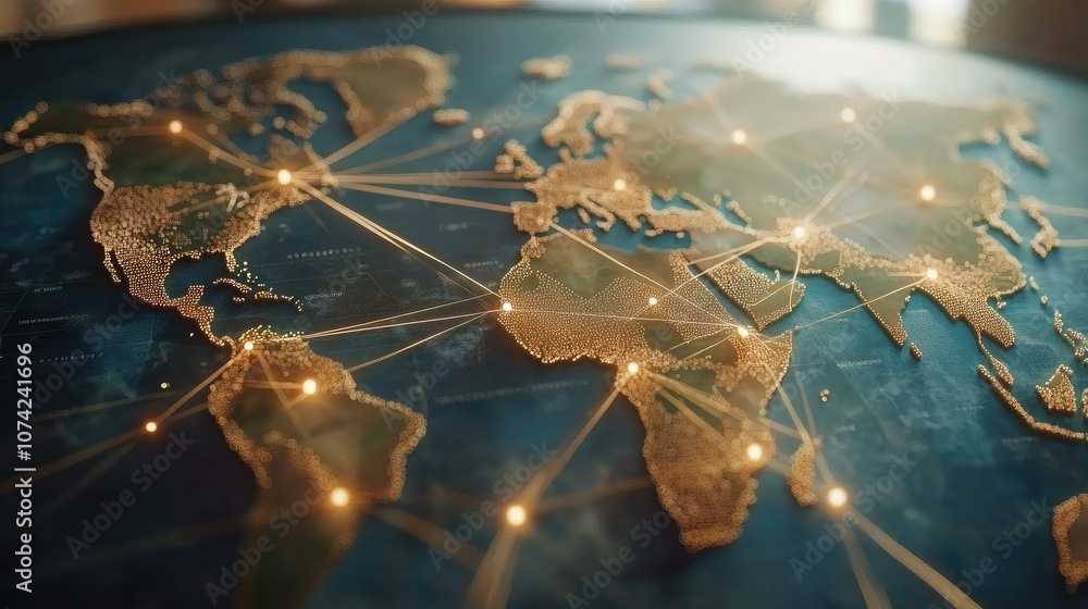 Poster abstract world map with dotted lines representing global connections and paths