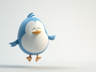 A cheerful blue cartoon bird character floating joyfully in a light background.