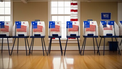 A row of voting booths with an American flag prominently displayed in the background, symbolizing democracy and civic engagement generative ai