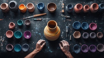 Aerial View of a Craftsman Creating Pottery with Various Colored Clay and Tools on a Wooden Workbench in a Studio Environment