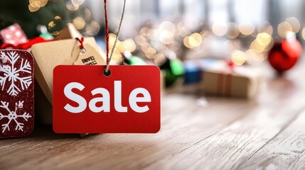 A festive sale tag hangs among colorful wrapped gifts, highlighting holiday shopping and seasonal deals in a cozy setting.