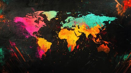 Abstract world map with splashes of bright colors, showing global regions artistically
