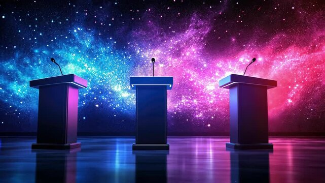 Vibrant political debate stage with colorful cosmic background and three podiums
