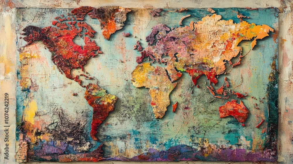 Poster artistic representation of a world map with mixed media textures and paint strokes