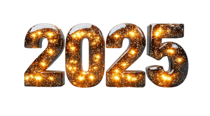 Happy New Year, shiny black and gold numbers 2025 close up, created with Generative AI technology, PNG