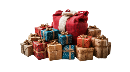 PNG, Santa Claus and red sack, sack with gifts, isolated on white background.