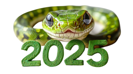 Happy New Year, green snake and numbers 2025 close up, created with Generative AI technology, PNG