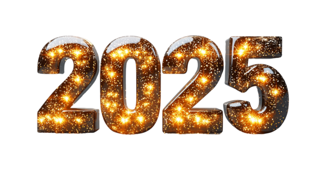 Happy New Year, shiny black and gold numbers 2025 close up, created with Generative AI technology, PNG