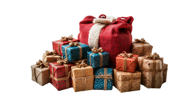 PNG, Santa Claus and red sack, sack with gifts, isolated on white background.