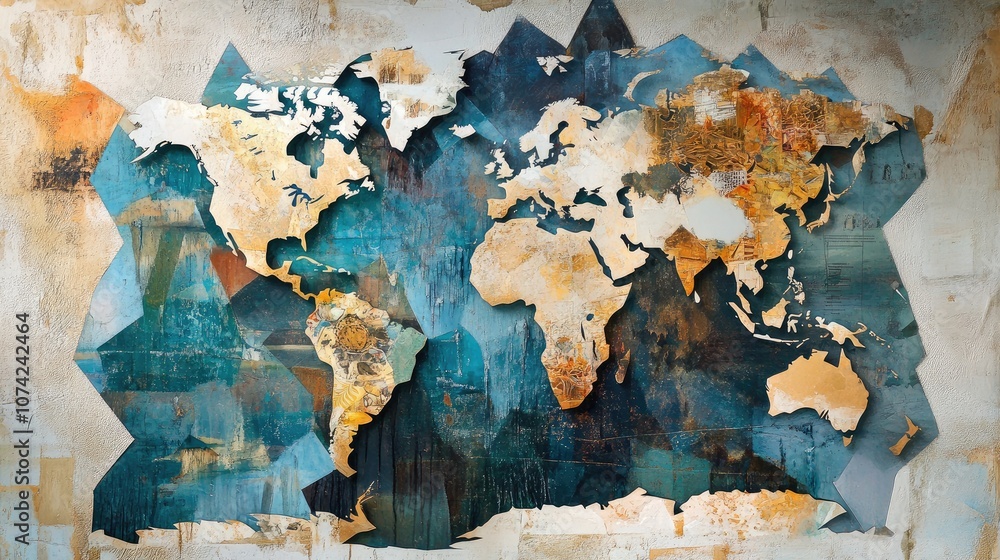 Poster artistic world map created with mixed media textures and geometric design elements