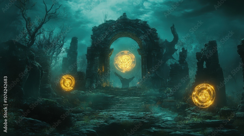 Poster mystical forest featuring a glowing ancient portal, creating an enchanting fantasy concept.