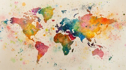 Artistic world map made of watercolor splashes and brush strokes, colorful style