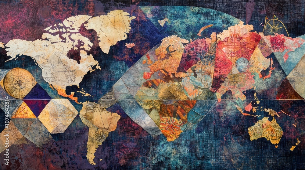 Poster artistic world map created with mixed media textures and geometric design elements