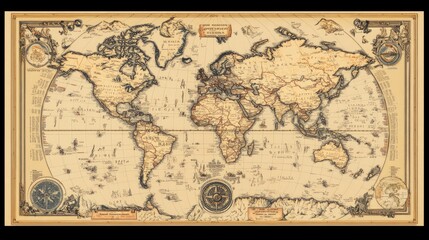 Fototapeta premium Classic world map with old-school typography for country names and geographical features