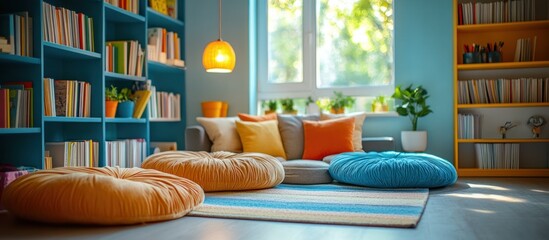 Cozy living room with colorful poufs, bookshelves and a window with sunlight.