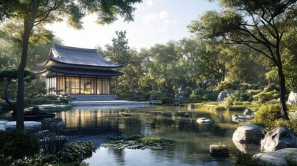 Naklejka premium Tranquil Pavilion by the Pond: Peaceful Japanese Garden Design with Lush Greenery