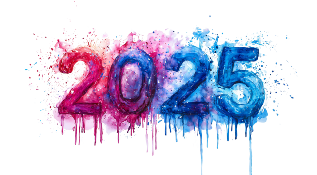 Happy New Year, drawn multicolored numbers 2025 close up, created with Generative AI technology, PNG