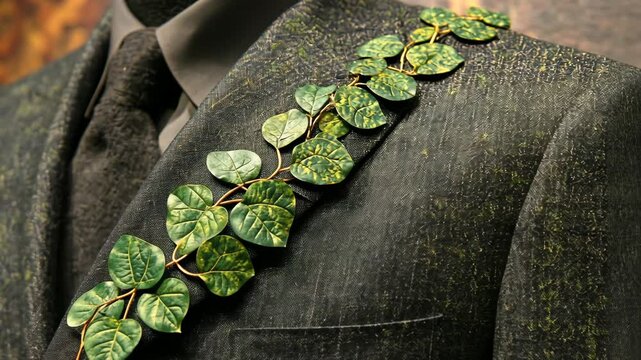 A vine of green leaves grows along the lapel of a dark suit jacket