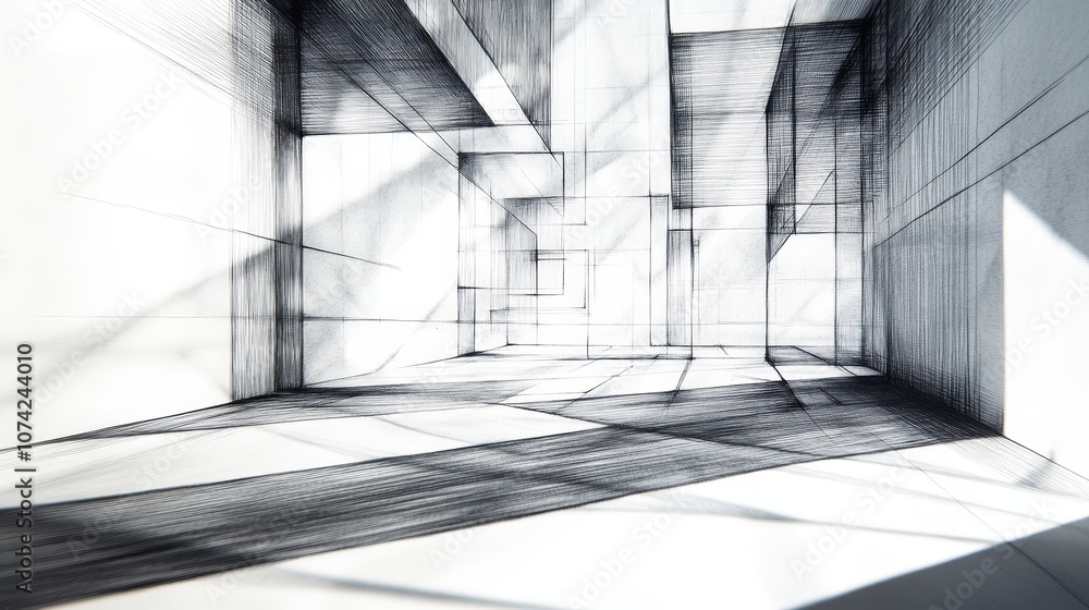 Poster abstract architectural interior with linear perspective and dramatic shadows creating a unique sense