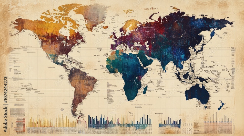 Poster detailed world map with digital data overlaid, showing population and climate data