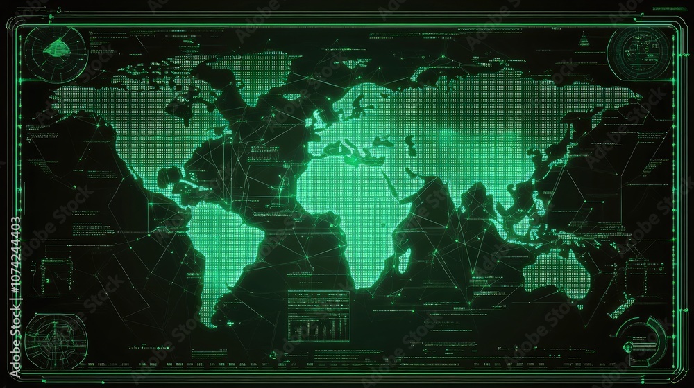 Poster digital world map with glowing lines and data points, modern and high-tech look