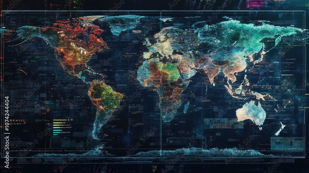 Poster detailed world map with digital data overlaid, showing population and climate data